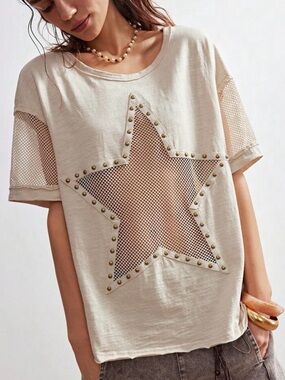 Star mesh top studded Women's Cream Star Mesh Short Sleeve Top